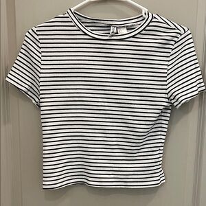 Divided Black and White Striped Short Sleeve Top